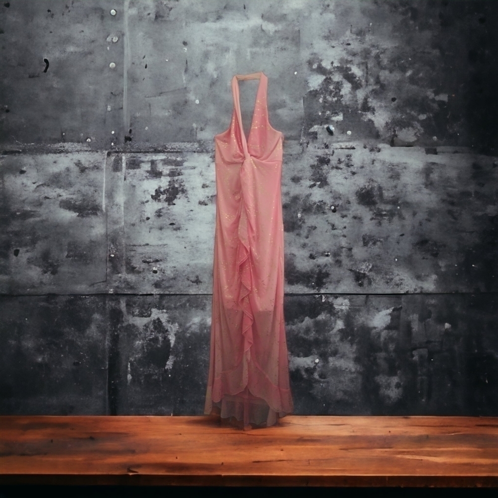 NEW Long pink maxi dress with gold flakes labelled a large, more like a med